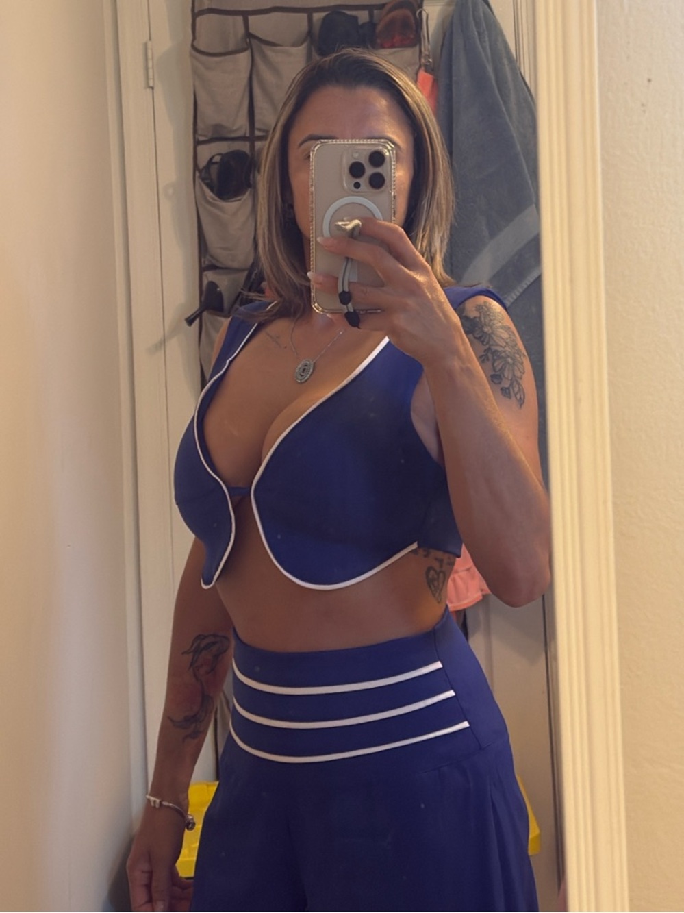 Navy Blue Two-Piece Crop Top and High-Waist Pants Set